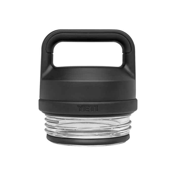 A YETI insulated bottle lid with a black plastic handle and a clear glass base, in a black colour.
