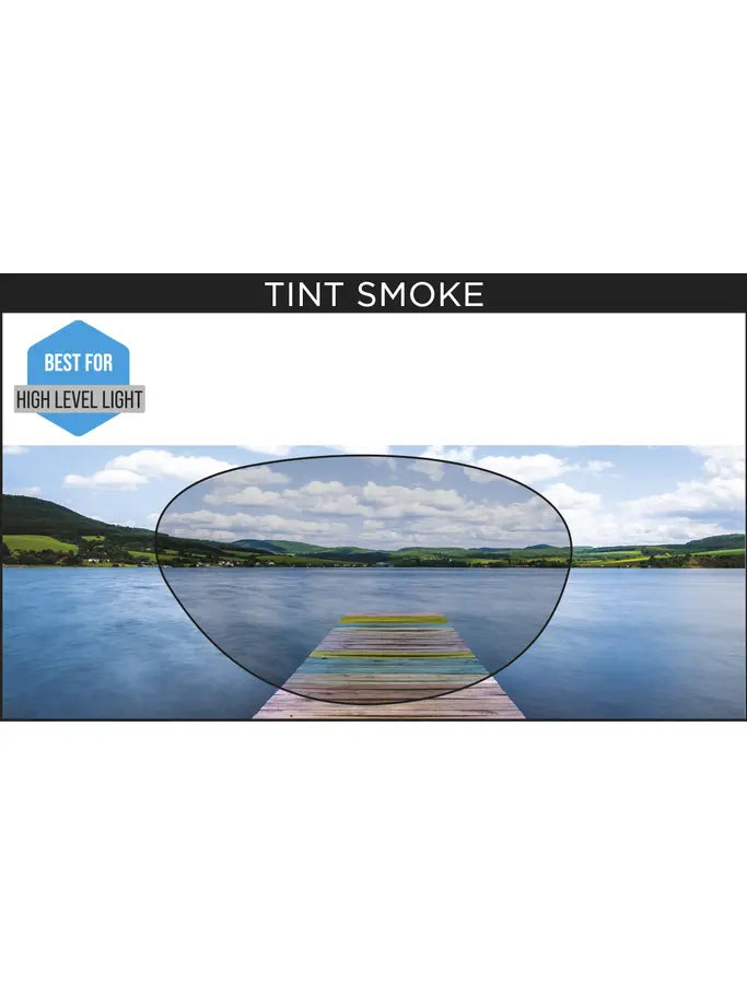 A tinted smoke swim goggle lens overlaying a scenic lake and dock image, with text reading 'TINT SMOKE' and a badge that says 'BEST FOR HIGH LEVEL LIGHT'.