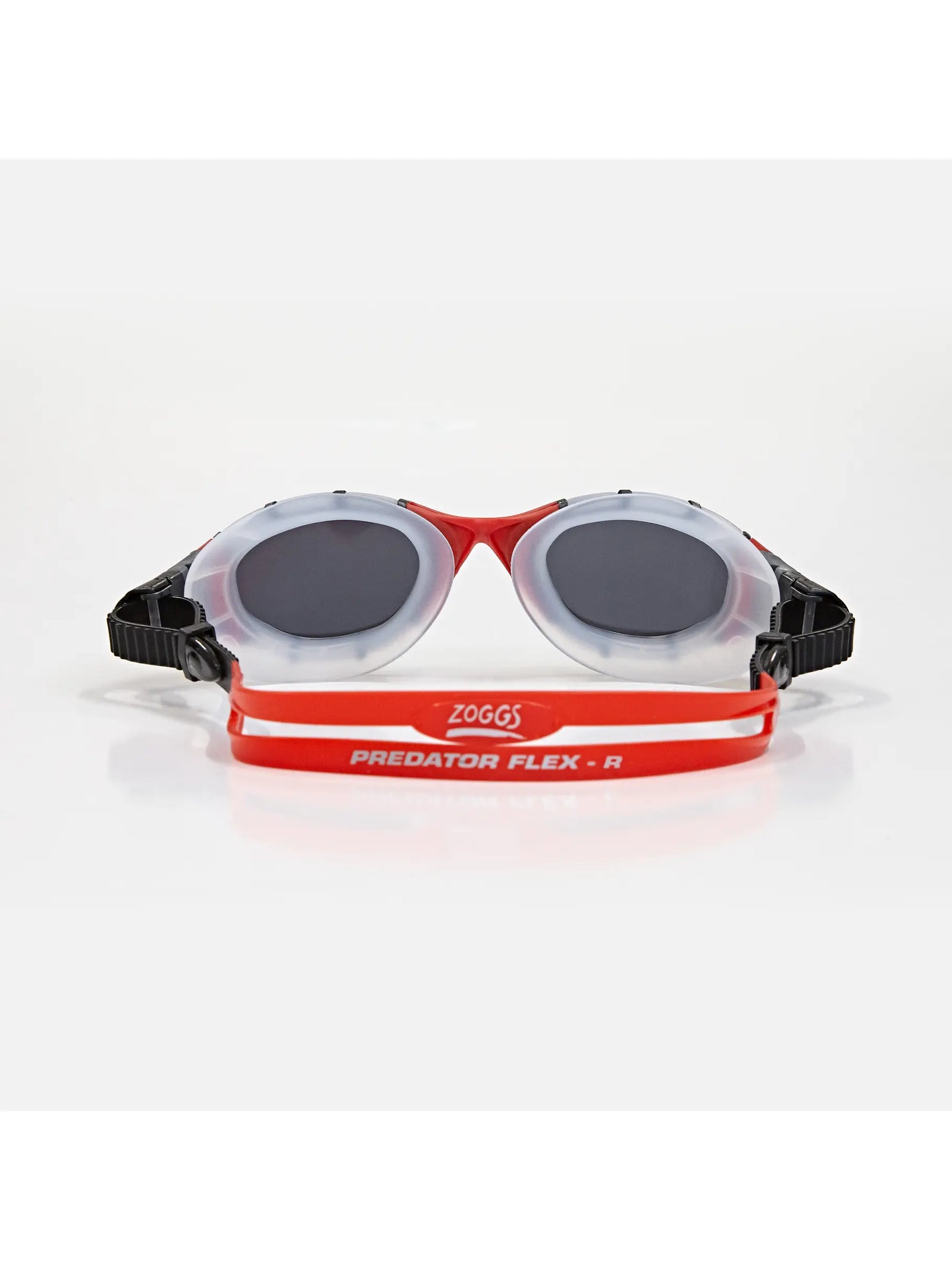 Zoggs predator flex titanium goggles, clear gasket, red strap and nose bridge, smoke lens, inside view