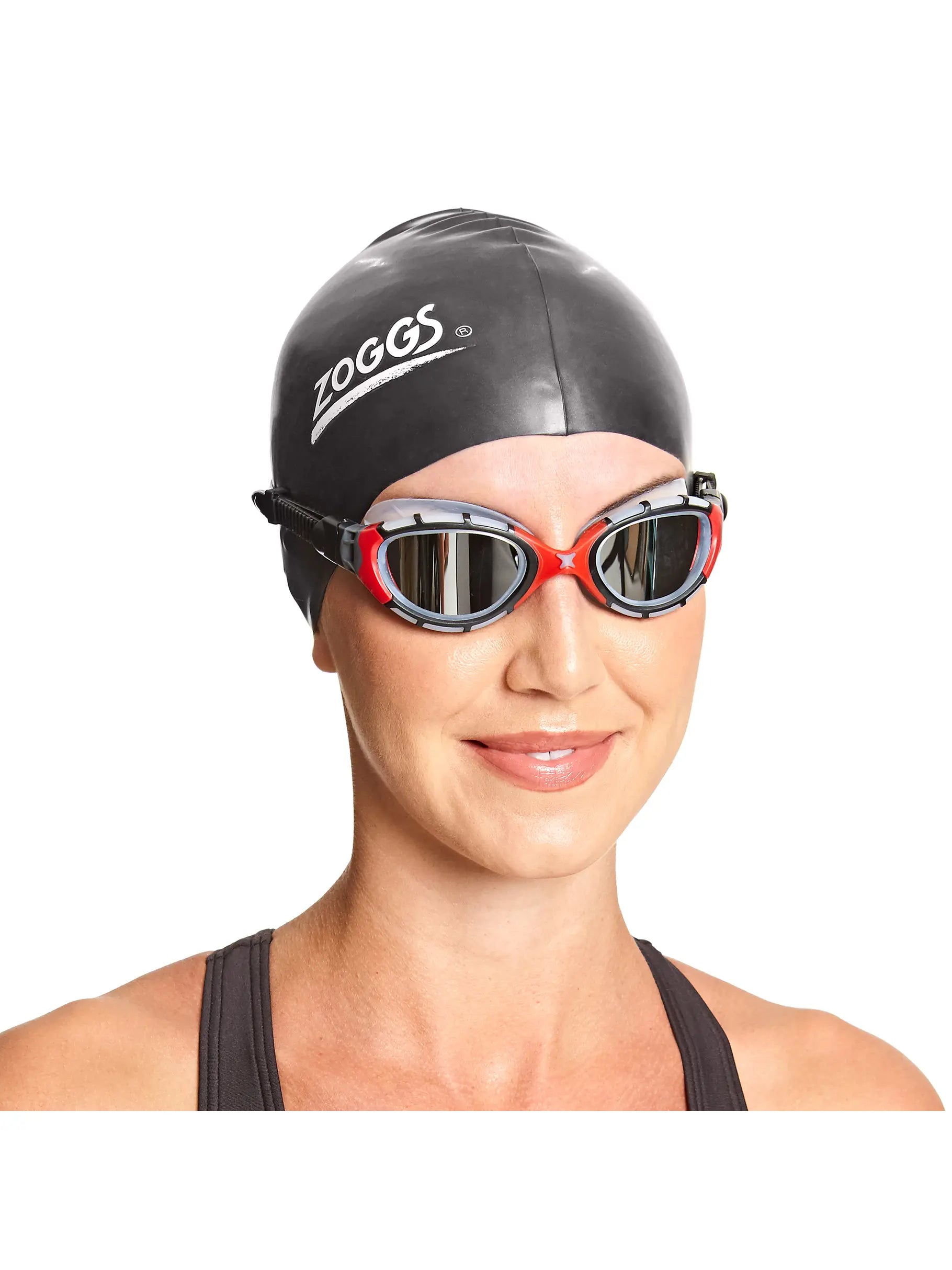 Woman wearing Zoggs predator flex titanium goggles, clear gasket, red strap and nose bridge, smoke lens
