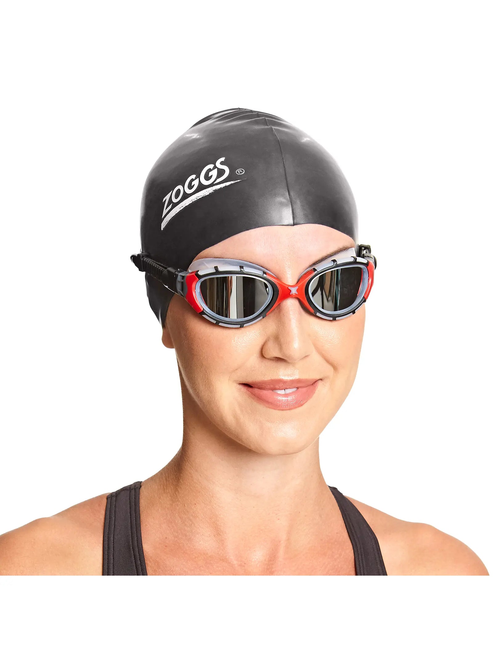 Woman wearing Zoggs predator flex titanium goggles, clear gasket, red strap and nose bridge, smoke lens